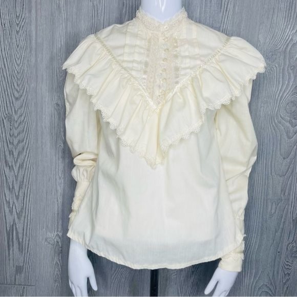 Vintage Tops - Vintage Victorian lace ruffle high collar blouse long sleeve shirt cottage core